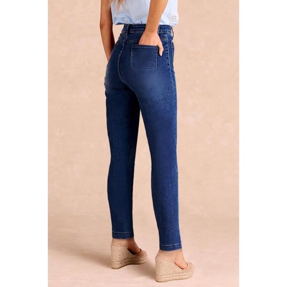 Women's High-Waisted Skinny Jeans Stretch Denim 8 Dark Blue Button Fly - Picture 3 of 6